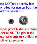 Stainless Steel T27 Torx Security Hardware Kit showing Torx bits for 10/24 shoulder bolts and barrel nuts, text highlights features