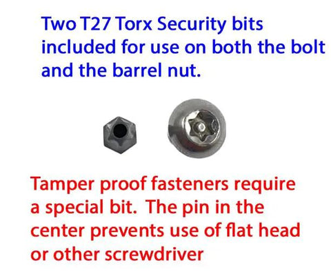 Stainless Steel T27 Torx Security Hardware Kit showing Torx bits for 10/24 shoulder bolts and barrel nuts, text highlights features