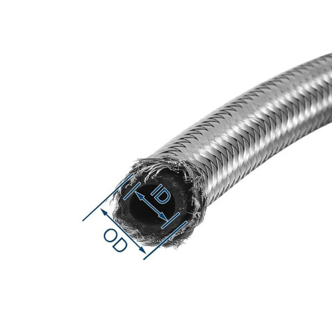 Ultimate Fuel Line Kit Featuring 3 Feet Of AN-6 CPE Hose With Essential 90 And 45 Degree Adapters Perfect For Sleek Replacement Installations On Hot Rods Or Muscle Cars That Need Reliable Routing Solutions. AN-6 CPE hose end close-up with ID and OD markings