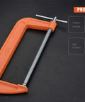 Heavy Duty 8 Inch C Clamp In Iron Alloy With Thick Screw And T Rotary Handle Swivel Jaw Pad For Even Pressure Ideal For Brake Rotors Welding Woodworking Metalworking Auto Parts Assembly And More, displayed on a dark surface with product features highlighted