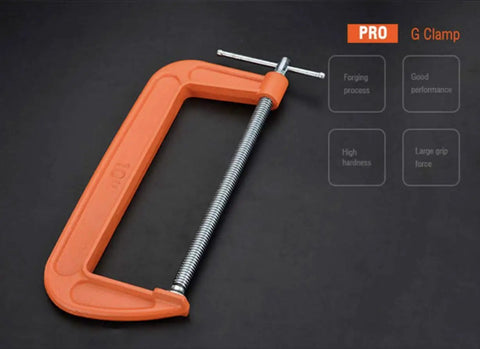 Heavy Duty 8 Inch C Clamp In Iron Alloy With Thick Screw And T Rotary Handle Swivel Jaw Pad For Even Pressure Ideal For Brake Rotors Welding Woodworking Metalworking Auto Parts Assembly And More, displayed on a dark surface with product features highlighted