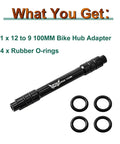 12mm To 9mm Front Wheel Hub Adapter For 100mm Thru Axle Quick Release, Black Anodized Aluminum, with Rubber O-rings
