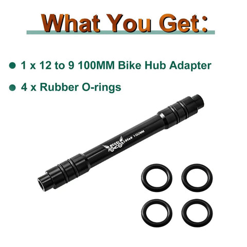 12mm To 9mm Front Wheel Hub Adapter For 100mm Thru Axle Quick Release, Black Anodized Aluminum, with Rubber O-rings