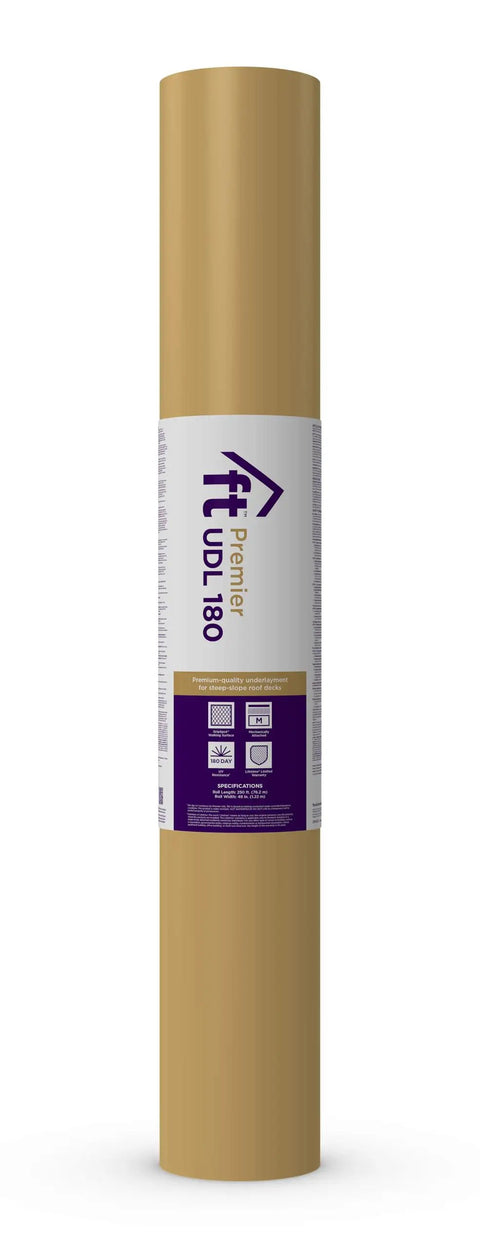 Premium Synthetic Roofing Underlayment One Wide Roll packaging showing details and specifications for steep slope roof applications.