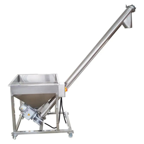Automatic Screw Powder Feeding Machine Integrating Vibrating Hopper Inclined Conveyor 220V Heavy Duty Industrial Loader with stainless steel design.
