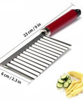 Front view of Haofy potato crinkle-cut slicer with red handle and stainless steel blades, 23 cm long.