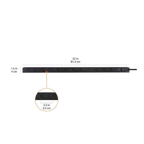 Heavy Duty 12 Outlet Surge Protector Power Strip With Metal Housing 600 Joules 6 Foot Extension Cord Wide Spaced Mountable Black LED Indicator For Bulky Electronics, 32 in