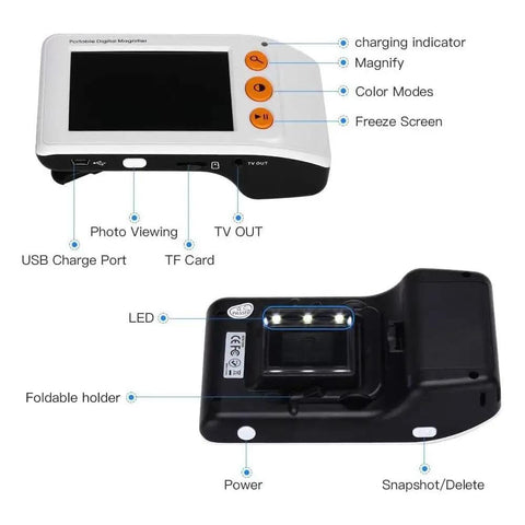 Grab And Go Portable Digital Magnifier With 3.5 Inch LCD Screen And Foldable Handle, buttons and ports detailed view