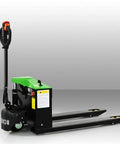 Heavy Duty Full Electric Pallet Jack With 3300 Lb Capacity For Smooth Material Handling Featuring Tough Alloy Steel Frame And Silent Polyurethane Wheels Powered By Long Lasting Lithium Battery For Warehouse Efficiency, showing a side view.