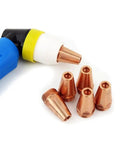Five Piece P80 Carbon Arc Air Gouging Tips Nozzles For Plasma Cutting Torch Consumables showing copper tips and plasma torch.