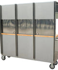 Heavy Duty 72 Inch Rolling Tool Chest With 15 Deep Drawers And Three Top Cabinets, with pegboard back and lockable casters.