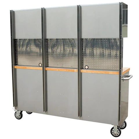 Heavy Duty 72 Inch Rolling Tool Chest With 15 Deep Drawers And Three Top Cabinets, with pegboard back and lockable casters.