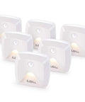 Six Pack Stick On Motion Sensor Lights with Easy Install Warm White LED Night Light for Stairs Closet Hallway Kitchen Bedroom and Bathroom Battery Operated Wall Light arranged in a group