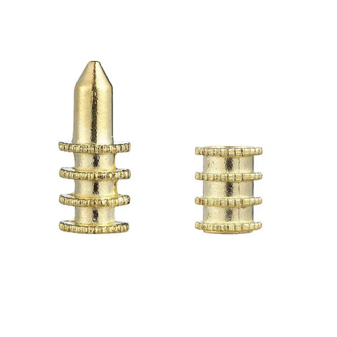 Built Damn Solid Brass Table Leaf Dowel Pins and Bolt Sleeve Connectors Set for Extension Dining Table in gold finish.