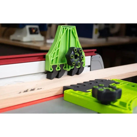 Pro Level Replacement Eva Feathers For Saw Featherboards Kickback Busting Sweet Swap Fit Portable Workbench Fence Gear 4 Pack installed on workbench.