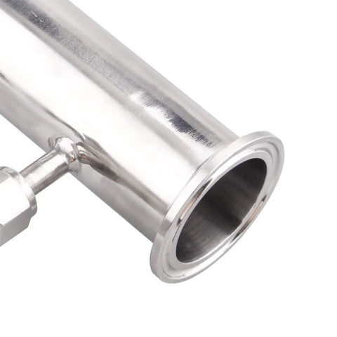Stainless steel sanitary 1.5in tri-clamp valve, flange end, close-up view.