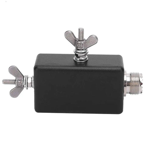 End Fed Half Wave Balun for Ham Radio with rugged hard plastic shell, 100W SSB ready, side view of portable 50 Ohm antenna connector