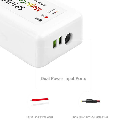 Wireless Bluetooth Controller SP105E For LED Strips And Pixel Modules showing dual power input ports