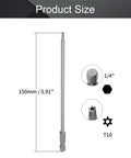 Heavy Duty T10 Security Torx Bits Built Tough As Nails S2 Steel Magnetic Screwdriver Tips showing 150mm length and 1/4 inch hex shank.