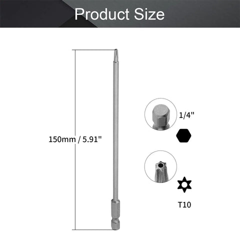 Heavy Duty T10 Security Torx Bits Built Tough As Nails S2 Steel Magnetic Screwdriver Tips showing 150mm length and 1/4 inch hex shank.