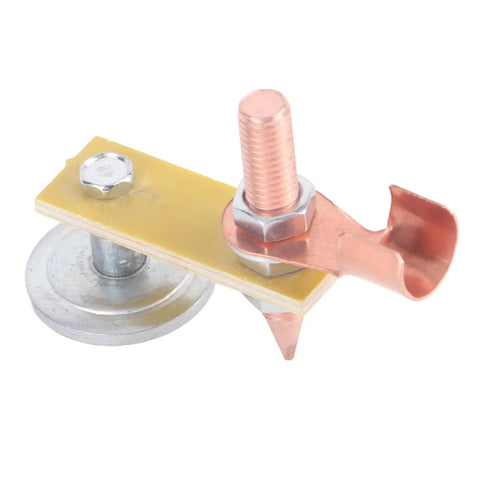 Heavy Duty Welding Magnet With 4Mm Thick Insulation Board For Ultimate Safety And Strong Magnetic Suction On Any Iron Surface During Serious Welding Jobs Around The Shop. Close-up view of a welding magnet with copper parts.