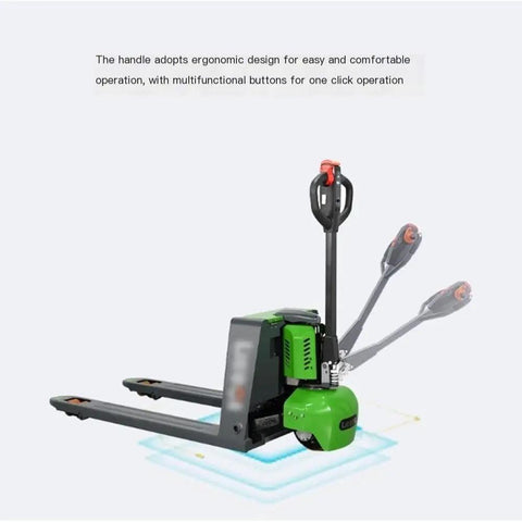 Heavy Duty 3300 Lb Electric Pallet Jack With Lithium Power Battery And Multi-Function Handle for easy warehouse lifting and ergonomic use.