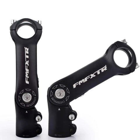 31.8Mm Adjustable Bike Stem 0 To 90 Degree, 110Mm Length, Fits 1.25 Inch Handlebars, black aluminum stem with angle adjustment.