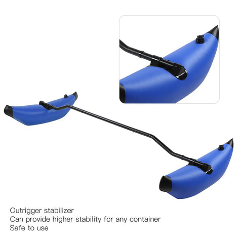 Inflatable Kayak Stabilizer And Outrigger Kit with Floating Brackets and Guide Rail for kayaks or canoes, in blue.