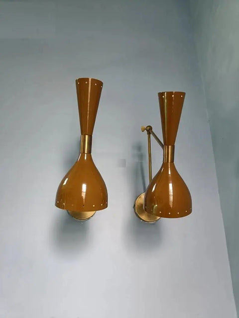 1950 Mid Century Italian Hardwire Brass Wall Sconce Pair Brown Wall Fixture Diabolo Lamp showing elegant brown wall lamps.