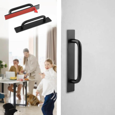 Adhesive Cabinet Handles 5.83 Inch 2 Pack Push Pull No Drill Installation in Matte Black shown installed on a cabinet door.