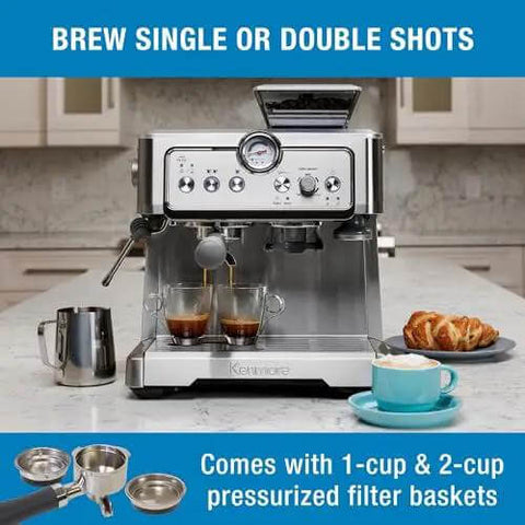 Barista Grade Home Espresso Machine With 9 Bar Pressure Automatic Coffee Maker on kitchen counter with filter baskets