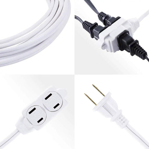 Three Outlet Extension Cord 15 Ft Power Strip 2 Pack White UL Listed With Twist To Close Safety Covers shown with plug and outlets