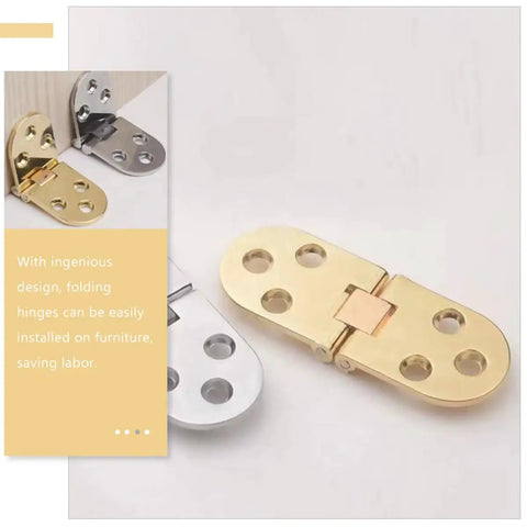 Self Locking Folding Table Hinges 180 Degree Flipping Tops Zinc Alloy 4 Pack Flush Closing For Sewing Machine Tables And Folding Desks Durable And Smooth Open And Close in gold and silver, showing an open angle view.