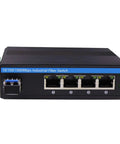 Front view of Rugged Outdoor 5 Port Gigabit Ethernet Fiber Converter For Industrial DIN Rail Switch With 4 RJ45 Ports And 1 LC Uplink Up To 20 Km