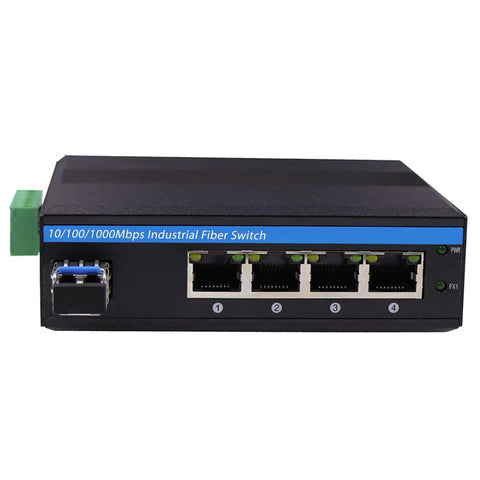 Front view of Rugged Outdoor 5 Port Gigabit Ethernet Fiber Converter For Industrial DIN Rail Switch With 4 RJ45 Ports And 1 LC Uplink Up To 20 Km