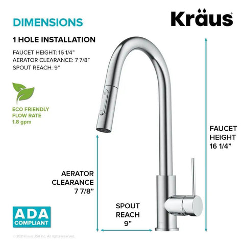 Contemporary Oletto Pull-Down Kitchen Faucet With Single Handle In Chrome Finish, dimensions diagram with eco-friendly flow rate
