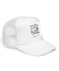 Funny Camping Trailer Trash Trucker Hat White For RV Lovers And Camp Fans, structured cotton front, breathable mesh back