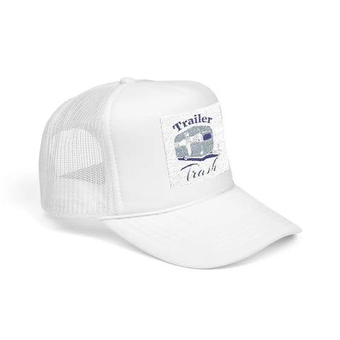 Funny Camping Trailer Trash Trucker Hat White For RV Lovers And Camp Fans, structured cotton front, breathable mesh back