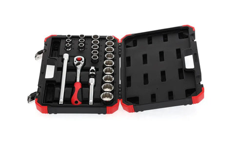 Red Half Inch Drive Socket Set, 24 Piece Bi-Hex Sockets From 10mm To 32mm, 72-Tooth Lever Change Ratchet, 125mm To 250mm Extension, T Handle, And Three-Eighth Inch To One-Half Inch Adapters, Built For DIY Or Pro Use