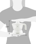 Elite Gourmet Compact Electric Citrus Juicer In White 30 Watt With 16 Oz Capacity showcasing dimensions in hand for easy use.