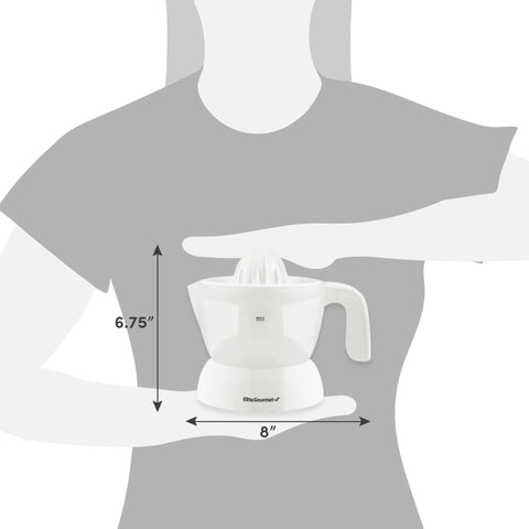Elite Gourmet Compact Electric Citrus Juicer In White 30 Watt With 16 Oz Capacity showcasing dimensions in hand for easy use.