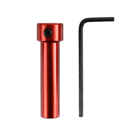 Front view of red anodized aluminum coupling sleeve with hex screw and included L-shaped Allen wrench