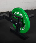Heavy Duty Farmer's Walk Strongman Carry Rack With Elevated Neutral Handles, 600 Lb Capacity, 28mm Solid Steel Bars close-up with 25 lb weight plates.