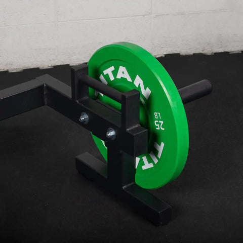 Heavy Duty Farmer's Walk Strongman Carry Rack With Elevated Neutral Handles, 600 Lb Capacity, 28mm Solid Steel Bars close-up with 25 lb weight plates.