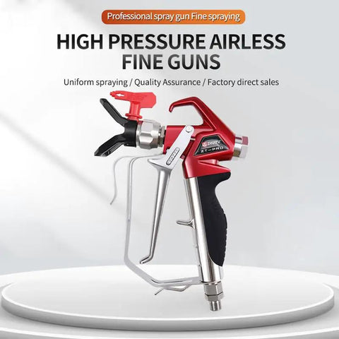 Heavy Duty Airless Paint Spray Gun With Reversible 517 Tip And Universal Swivel Joint For Big Time Finishes Zero Sweat Setup And Pro Workhorse 4000 Psi Performance, red and silver design, showing nozzle and grip.