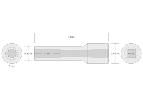 Technical diagram of 1/4 Inch Drive Deep 6mm 12-Point Socket With Chrome Finish And Large Readable Markings For Quick Sizing, Durable Metric Socket