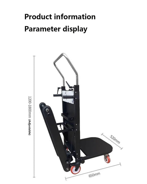 Heavy Duty Electric Stair Climber Hand Truck With Brushless Motor And Crawler Wheels For Moving Furniture Safely Up Or Down Steps No Assembly Needed At All side view with adjustable height and dimensions displayed