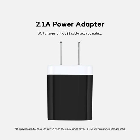 Dual USB Wall Charger Fast Charge Block Two Port Power Cube 2.1A Total For iPhone iPad Samsung Galaxy Pixel Motorola Huawei HTC LG And More On The Go 100 240V With Overcharge Protection front view