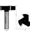 CNC Spoilboard Surfacing Router Bit With Half Inch Shank, 2 Inch Cutting Diameter, Half Inch Cut Length, Slab Flattening Planer Bit For Wood Milling, Carbide Tip, Heavy-Duty Beefy Pro-Grade Woodworking Tool shown with measurements.