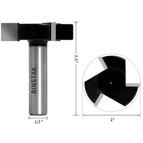 CNC Spoilboard Surfacing Router Bit With Half Inch Shank, 2 Inch Cutting Diameter, Half Inch Cut Length, Slab Flattening Planer Bit For Wood Milling, Carbide Tip, Heavy-Duty Beefy Pro-Grade Woodworking Tool shown with measurements.